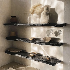 Wall mount black floating shelf live edge mid century bookcase display shelf corner wall shelf housewarming gift