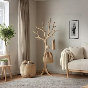 Rustic Wooden Coat Rack Handmade Standing Tree Branch Hooks Vintage Style Entryway Organizer Decorative Clothes Rack Decor Housewarming Gift