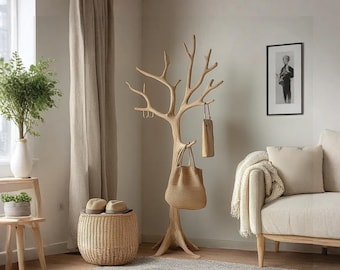 Rustic Wooden Coat Rack Handmade Standing Tree Branch Hooks Vintage Style Entryway Organizer Decorative Clothes Rack Decor Housewarming Gift