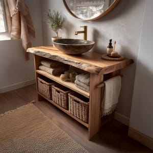 Rustic Live Edge Wood Bathroom Cabinet Farmhouse Vanity Shelf Reclaimed Wood Storage Handmade Bathroom Furniture Decor Gift