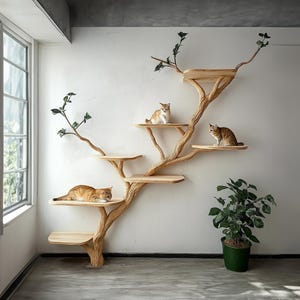 Wood Cat Tree Tower Modern Large Cat Climbing Tree Wooden Stand Tower Cat Furniture Decor Living Room Unique Gift Play Cat