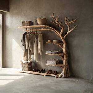 Rustic Standing Tree Branch Coat Rack Corner Shoe Storage Handmade Wood Hall Tree Wall Hooks  Entryway Organizer Shelf Decor Bathroom Gift