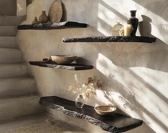 Black live edge shelf corner wall shelf living room shelf brackets floating bookshelf tamarind wood housewarming gift
