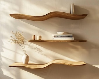 Wavy shelf live edge floating shelves solid wood wall mount bookshelf unique driftwood shelf for room