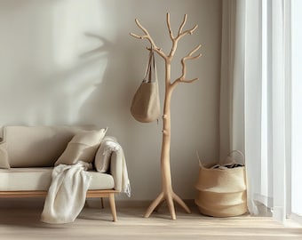 Handmade Wooden Coat Rack Rustic Vintage Style Standing Tree Branch Hooks Entryway Vintage Finish Decorative Clothes Rack Housewarming Gift