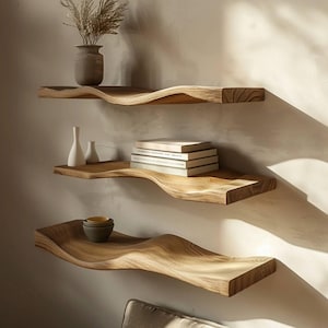 Handcraft wavy rustic wooden shelf mid century bookcase wavy floating shelf live edge floating shelf wall wood home decor housewarming gift
