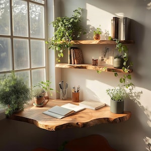 Rustic Wall Mounted Desk Floating Wooden Shelf  Live Edge Floating Wood Table Handmade Shelf Decor Home Office Minimalist Workspace Gift Mom