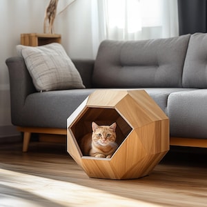 Rustic Pet Furniture Cat Bed Cave Multipurpose Pet Furniture Solid Wood Oak Ash Wood Side Table Oak Cat Cave Perfect Gift for Cat