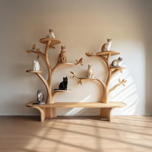 Handmade Modern Wooden Cat Tree Natural Wood Cat Shelf Climbing Resting Unique Cat Furniture  Wall Decor Perfect Gift for Cat Lovers