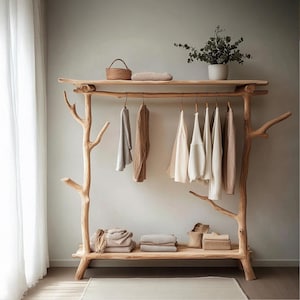 Rustic Wooden Tree Branch Shelf Coat Hooks Space-Saving Standing Handmade Rack Clothes Shoes Accessories Entryway Bedroom Housewarming Gift