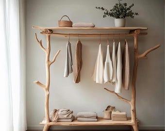 Rustic Wooden Tree Branch Shelf Coat Hooks Space-Saving Standing Handmade Rack Clothes Shoes Accessories Entryway Bedroom Housewarming Gift