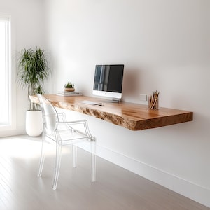 Rustic Live Edge Floating Desk Wall Mounted Wooden Handmade Table Solid Wood Space Saving Study Shelf Decor Home Office Gift