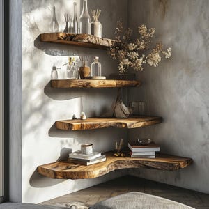 Wall mounted floating corner wall shelf live edge lshaped floating shelf rectangle floating shelf tamarind wood home decor