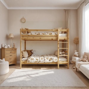 Handmade Solid Wood Kids Bunk Bed Montessori Wooden Bunk Bed Space-Saving Children’s Loft Bed Rustic Furniture Customizable Decor Bedroom