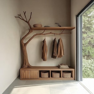 Handmade Standing Tree Branch Coat Rack  Wooden Storage Drawers Shoe Wood Hall Tree Wall Hooks  Entryway Organizer Decor Gift for Mother