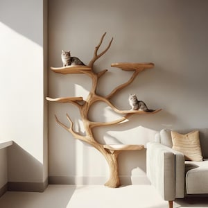 Wood Cat Tree Tower Modern Unique Shelf Natural Cat Decor Perfect Pet Gift Large Climbing Tree Living Room Interactive Play Hancrafted Wood