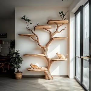 Handmade Wooden Cat Tree Modern Large Climbing Tree Unique Cat Living Room Cat Shelf Natural Cat Decor Interactive Play Perfect Pet Gift