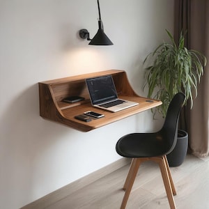 Handmade Floating Wood Desk Wall Mounted Live Edge Study Table Compact Wooden Desk Drawer Solid Workstation Shelf Home Office Bedroom Decor