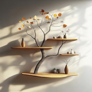 Rustic Wall Mounted Tree Bookshelf Wooden Branch Handcrafted Floating Furniture Bookcase Handmade Design Living Room Housewarming Gift