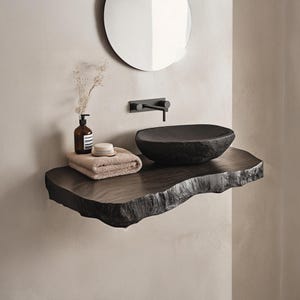 Schwarzes Holz Minimalist Holzbad Eitelkeit Holzeitelkeit Schwimmendes Regal Dekor Live Edge Badezimmer Eitelkeit Wandmontiertes Regal Geschenk für Sie