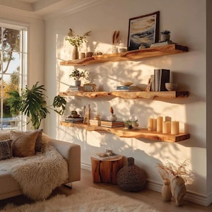 Wavy Edge Floating Wood Shelf Handmade Wall Shelf  Farmhouse Heavy Duty Natural Solid Wooden Decorative Home Office Gift for Mother