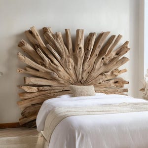 Custom Driftwood Headboard Wall Mounted Wood Sculpture Sunburst Rustic Bed Accent King Queen Full Sizes Available Decor Bedroom Gift