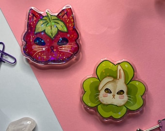 Handmade Glitter Epoxy Phone Grip Set: Strawberry Cat & Clover Bunny