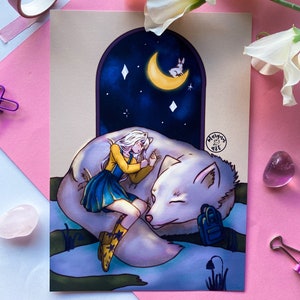 Ilustración de dibujos animados Obra de arte original Chica zorro durmiendo Impresión artística Papel mate de 210 mg