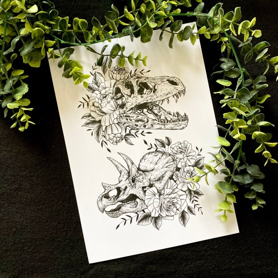 Dinosaur Skull Flower Art Print Tattoo Style Black and White  Etsy