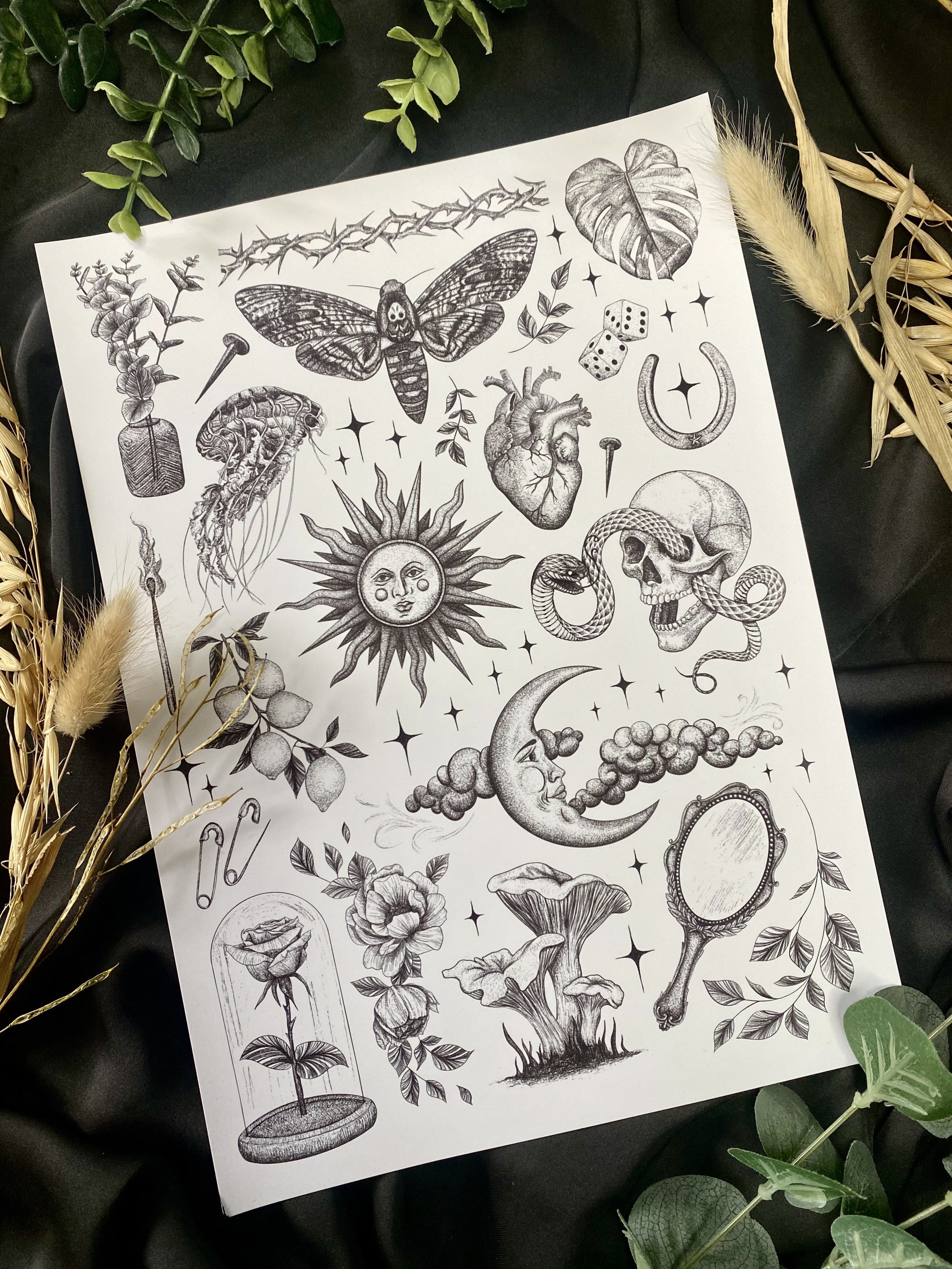 Tattoo Flash Style 2 Black and White Gothic Art Print Witchy Etsy
