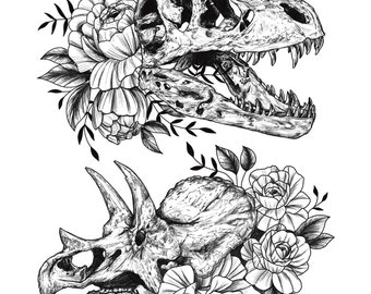 Cool Dinosaur Skull With Roses Tattoo Design