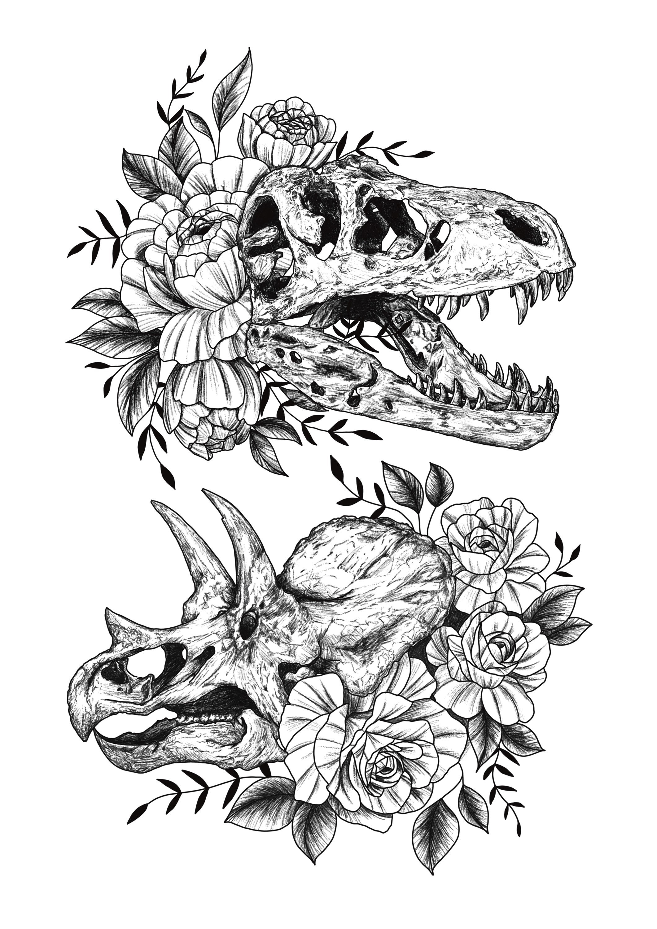 Dinosaur Skull Flower Art Print Tattoo Style Black and White Etsy UK