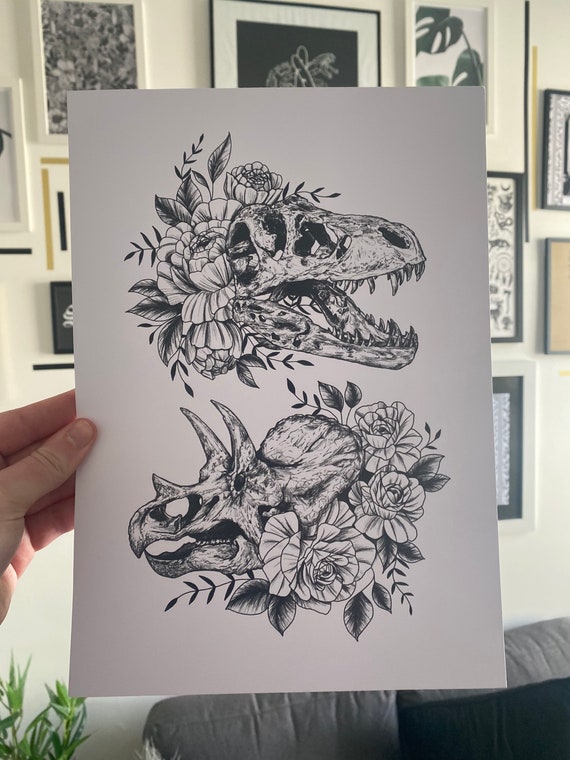 Dinosaur Skull Flower Art Print Tattoo Style Black and White  Etsy  Australia