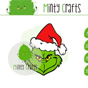 May include: A green cartoon Grinch character wearing a red Santa hat with white trim. A smiling green leaf character is next to the Grinch. The text "Minty Crafts" is above and below the Grinch.