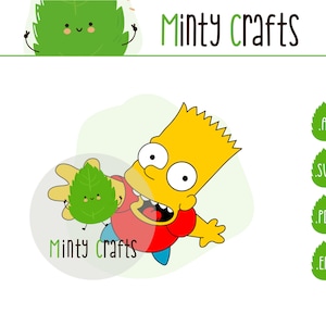 May include: A cartoon illustration featuring Bart Simpson with a green leaf character. The image includes the text "Minty Crafts" in green, along with file type icons: .AI, .SVG, .PDF, and .EPS. The background is white.