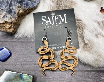 Snake Earrings, Snake Earrings Dangle, Witchy Earrings Dangle, Gifts For Witches, Occult Earrings, Yule Gift, Witchy Christmas, Wood Earring