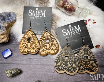 Planchette Earrings, Pagan Earrings, Witchy Jewelry, Creepy Jewelry, Goth Earrings Dangle, Gift for Witch, Yule Gifts, Witchy Stuff, Wood