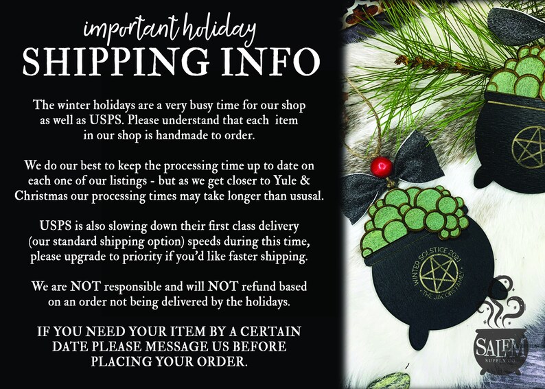 May include: Black and green cauldron Christmas ornament with a pentagram and the text "Winter Solstice 2021" and "The One, The Only". The ornament is hanging from a black and red bow on a white furry surface. The text "Salem Supply Co." is in the bottom right corner.