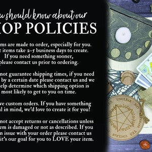 May include: A black and white text graphic with the words "you should know about our SHOP POLICIES". The text explains the shop's policies regarding custom orders, shipping times, and returns.