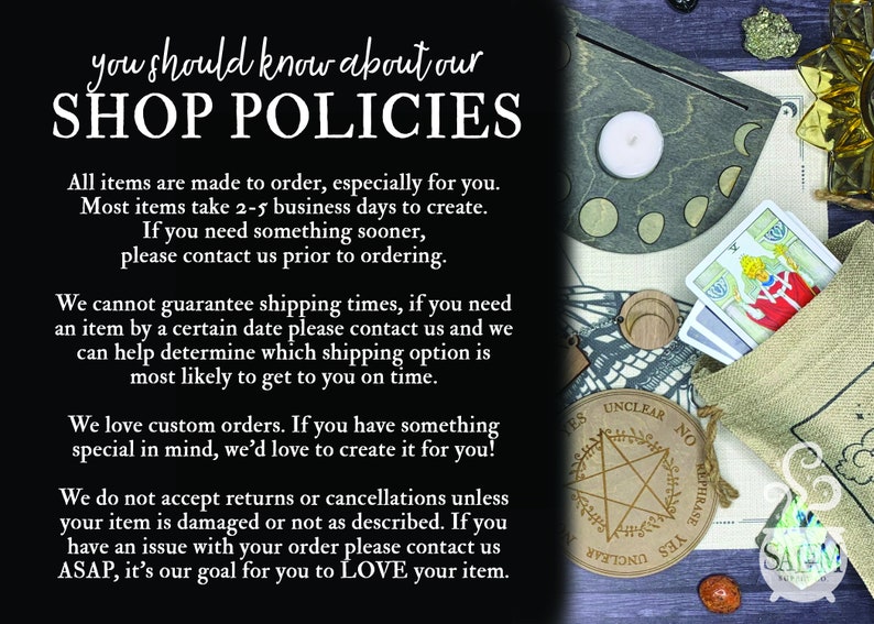 May include: A black and white text graphic with the words "you should know about our SHOP POLICIES". The text explains the shop's policies regarding custom orders, shipping times, and returns.