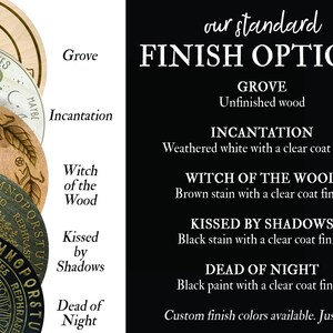 May include: Wooden divination boards with various designs and text, including "Grove," "Incantation," and "Witch of the Wood." The image also displays a list of finish options: Grove, Incantation, Witch of the Wood, Kissed by Shadows, and Dead of Night.