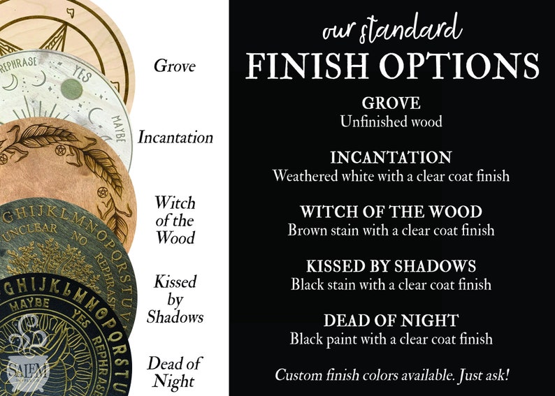 May include: Wooden divination boards with various designs and text, including "Grove," "Incantation," and "Witch of the Wood." The image also displays a list of finish options: Grove, Incantation, Witch of the Wood, Kissed by Shadows, and Dead of Night.