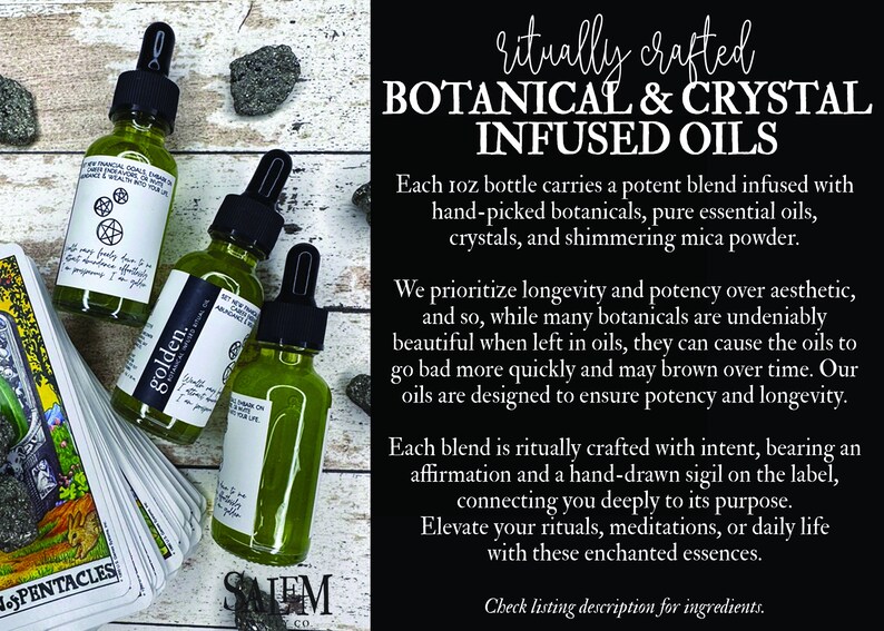 May include: Three small glass bottles filled with green liquid and labelled with the words "golden" and "SAIEM CO". The bottles are on a wooden surface with tarot cards and small grey stones. The text "ritually crafted BOTANICAL & CRYSTAL INFUSED OILS" is in the background.