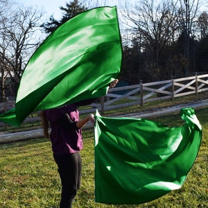 May include: A person is holding two green fabric flags, one in each hand. The flags are flowing in the wind. The person is standing in a grassy field with a wooden fence in the background.