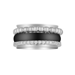 Könnte beinhalten: Ein silberner Ring mit einem schwarzen Band und einer Reihe kleiner silberner Perlen. Der Ring hat auch eine Reihe kleiner Diamanten.
