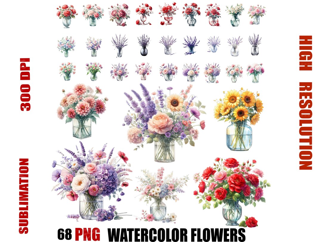 Watercolor Flower Vases Png Clipart Bundle | Flower in Vase | Wedding ...