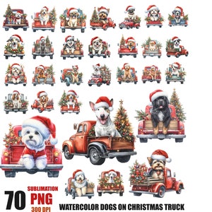 Pacchetto di clipart di cani di Natale ad acquerello - Immagini PNG di adorabili cuccioli con cappelli natalizi festivi - Clipart di cane su un camion di Natale