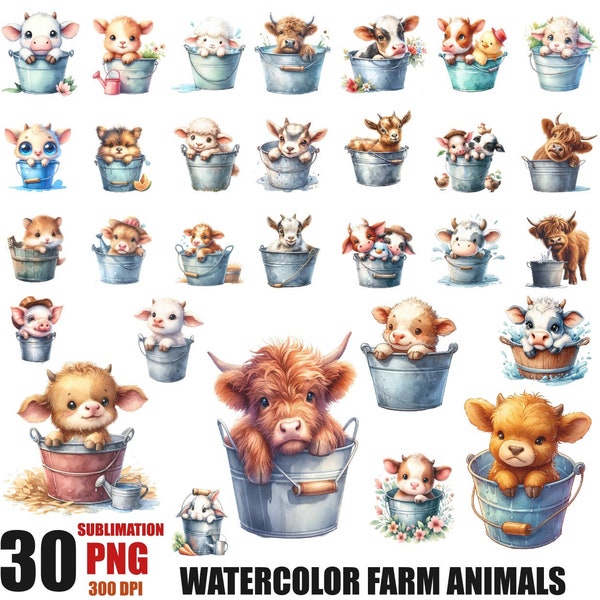 Watercolor Farm Animals in A Bucket Png Bundle |  Highland cow in a bucket  png | Commercial Use | Highland Cow Pig,Cow, Goat,Commercial sue
