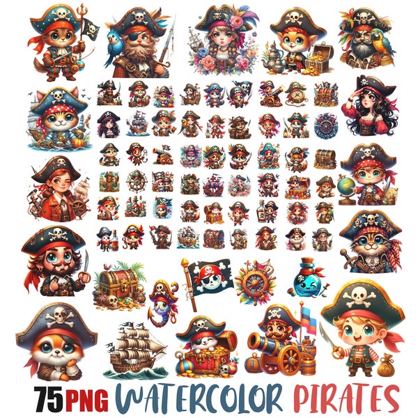 Adorable Pirates Clipart Bundle, Children Buccaneers Scalleywags, Pirate Ship Flag, Ocean, Card Making, Instant Download, Commercial Use