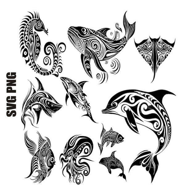 Tribal sea fish SVG, Animal Clipart, Marine animals Svg, Stingray Svg, Sea Horse Svg, Hawaii tropical fish Svg, Tribal shark Svg, Silhouette